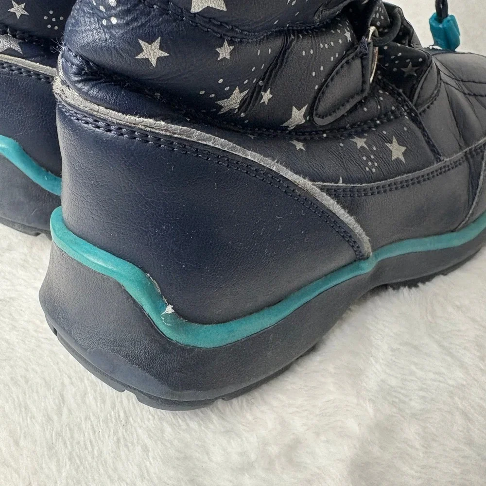 Lands' End Kids Navy Blue Star Print Winter Snow Boots Fur‎ Trim Warm Waterproof